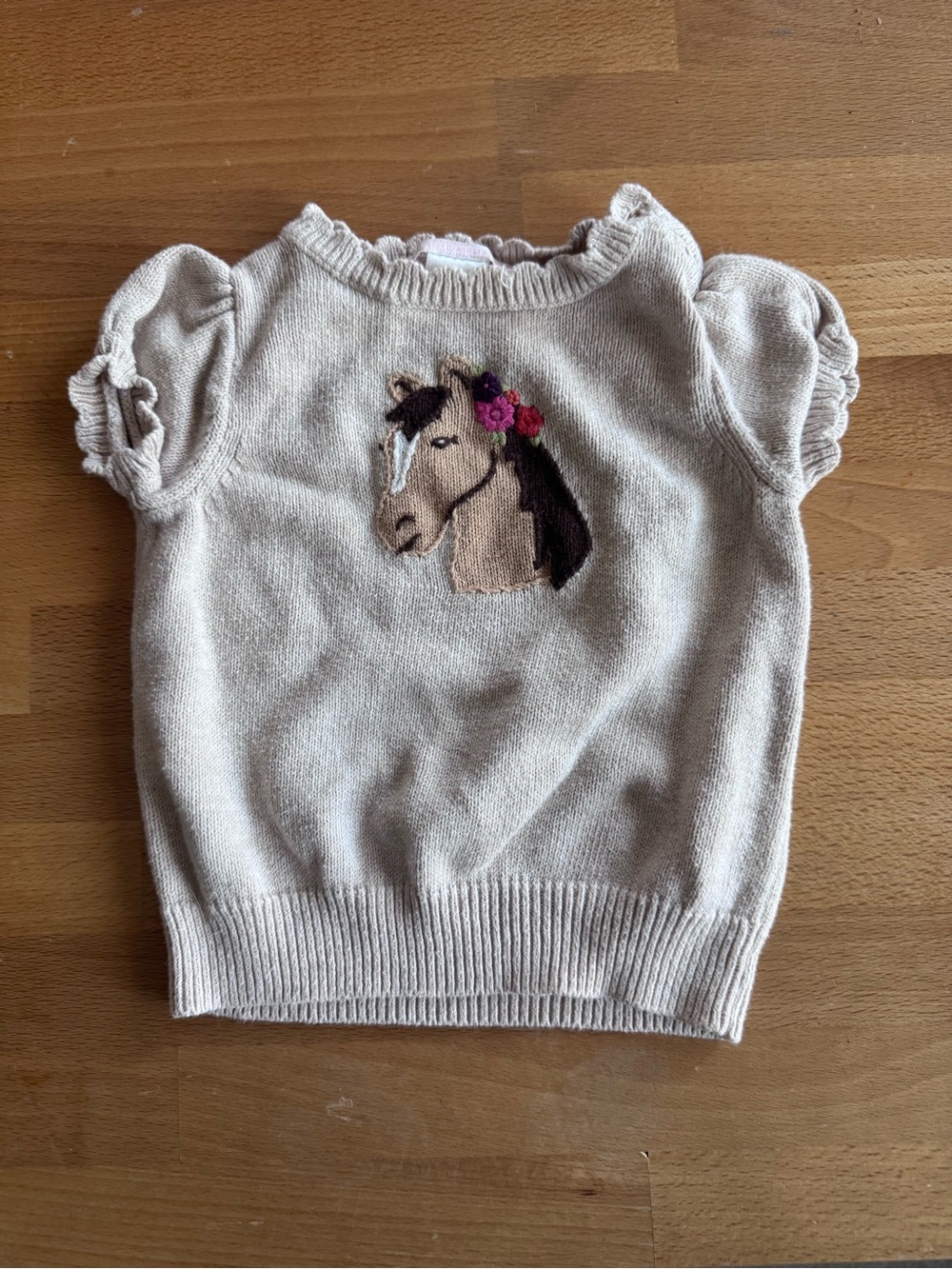 Jane and Jack Beige Knit Top with Embroidered Horse and Floral Accent